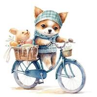 Watercolor hand-drawn illustration of a cute cartoon adorable riding bicycle on white background. . photo