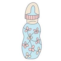 Baby feeding bottle decorated with flowers in color doodle style. Flat style with outline. Hand drawn vector illustration isolated on white background. Pastel colors, pink, blue, beige.