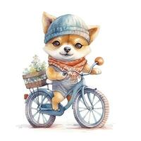acuarela dibujado a mano ilustración de un linda dibujos animados adorable montando bicicleta en blanco antecedentes. generativo ai. foto