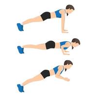 deporte mujer haciendo ejercicio con aplausos empujar arriba postura comienzo con tablón y final con un aplaudir en aire. rutina de ejercicio poses para cardio. vector