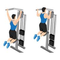 Man doing pull ups exercise. Machine or assisted pull up vector