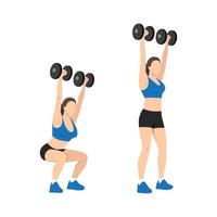 Woman doing Dumbbell squat thrusters. squat to overhead press exercise. vector