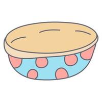 Baby cute bowl decorated with polka dots in color doodle style. Flat style with outline. Hand drawn vector illustration isolated on white background. Pastel colors, pink, blue, beige.