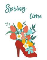 Spring time hand drawn vector illustration. Stiletto shoe with bouquet of flowers for greeting card, poster.