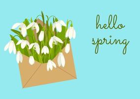 Hola primavera mano dibujado vector ilustración. temporada letras con sobre de campanillas para saludo tarjeta, póster.