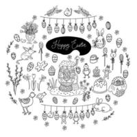 Big Easter set in doodle style. There are treats such as cakes, cupcakes, lollipops, biscuits. Cute decorations, flowers, farm animals, cozy egg house. Garlands with eggs, chickens and rabbits. vector