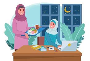 A Muslim mother is carrying a tray of food and drink for her daughter who is studying in front of a laptop. vector
