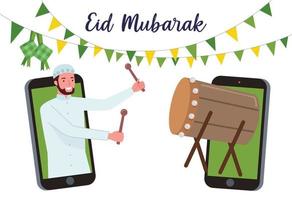 Illustration of a man who is beating drum or Bedug in Bahasa Indonesia through a cellphone to celebrate Eid. The bedug is one of the drums that is used among Muslims in Java for religious purposes. vector