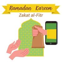 Illustration of a hand giving zakat al Fitr through the mobile phone or through online. one hand gives a bag containing zakat, and the other hand that ready to accept it. vector