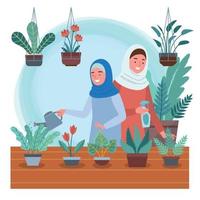 Mother and Doughter muslim gardening together vector