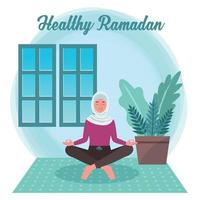 A young Muslim woman doing yoga in the middle of Ramadan to keep healthy vector