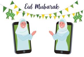 ilustración de dos musulmanes mujer haciendo el mano gesto de un disculpa símbolo mediante móvil Los telefonos a celebrar eid al-fitr. vector