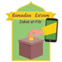 Illustration of a hand giving zakat al-Fitr through the mobile phone or through online. The hand is inserting a coin inside a box. vector