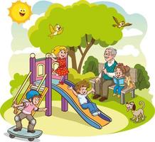 abuelo y niños jugando en el vector de dibujos animados del patio