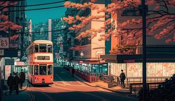 A double decker bus is going to the station in a japanese city. photo