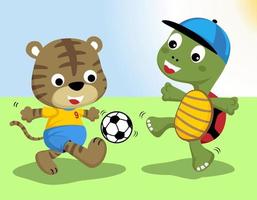 dibujos animados ilustración de pequeño Tigre y Tortuga jugando fútbol vector