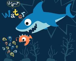 Vector cartoon of shark hunting anglerfish, anglerfish hunting little fishes