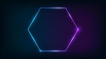 Neon hexagon frame with shining effects on dark background. Empty glowing techno backdrop. Vector illustration.