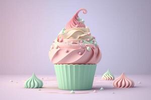 3D cupcake with cream on pastel background. photo
