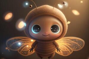 3D Cute smile little firefly kawaii character. Realistic firefly with big eyes photo