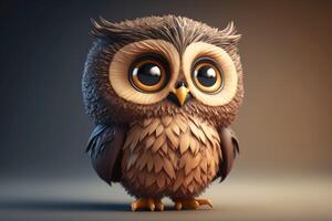 3D Cute little owl kawaii character. Feathered realistic owlet with big eyes. photo