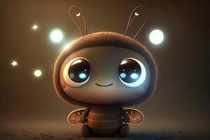 3D Cute smile little firefly kawaii character. Realistic firefly with big eyes photo