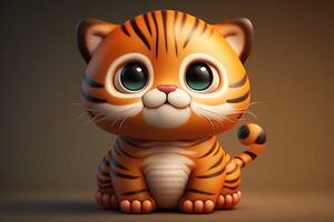 3D Cute smile little tiger kawaii character. Realistic cub with big eyes. photo