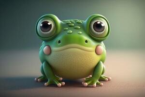 3D Cute smile little frog kawaii character. Realistic frog with big eyes. photo