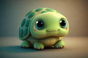 3D Cute smile little turtle kawaii character. Realistic hatchling with big eyes. photo