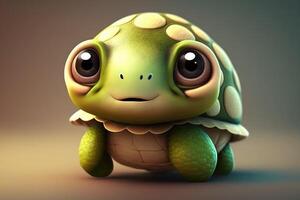 3D Cute smile little turtle kawaii character. Realistic hatchling with big eyes. photo