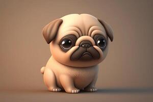 3D Cute little pug dog kawaii character. Fluffy realistic puppy with big eyes. photo