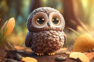 3D Cute little owl kawaii character. Feathered realistic owlet with big eyes. photo