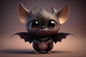 3D Cute smile little bat kawaii character. Realistic bat with big eyes. photo