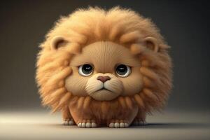 3D Cute little lion kawaii character. Fluffy realistic cub with big eyes. photo