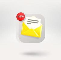 Yellow paper envelope on a white button. Application icon template. 3d vector icon isolated on white