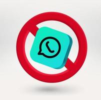 Mobile phone chat icon in red circle with crossed line. 3d vector icon