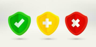 Color shields with different signs. Approved, defence, forbidden concepts. 3d vector illustration