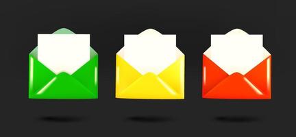 Different color envelopes icons collection. 3d vector isolated on black background