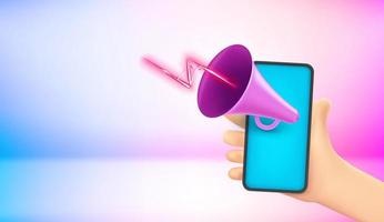 Breaking news concept. Cartoon hand holding modern smartphone with loud speaker. 3d vector illustration with holographic background