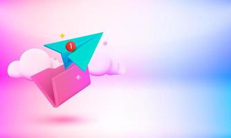 Folder with paper plane. New message concept. 3d vector banner with copy space