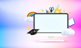 Computer monitor with education elements and blank screen. 3d vector banner with copy space