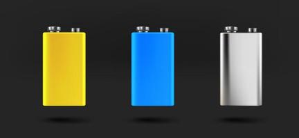 Different 9v batteries icons collection. 3d vector isolated on black background