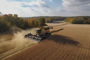 Harvesting of soybean field with combine.Generative AI photo