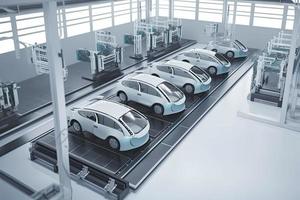 automatización automóvil fábrica concepto con 3d representación robot montaje línea con eléctrico coche batería células módulo en plataforma foto