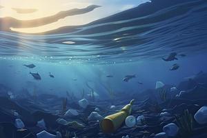Plastic bottle floating in ocean with aquatic animal, fish. Pollution of plastic and Garbage in open sea concept photo