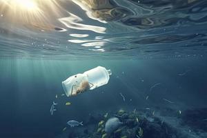 Plastic bottle floating in ocean with aquatic animal, fish. Pollution of plastic and Garbage in open sea concept photo