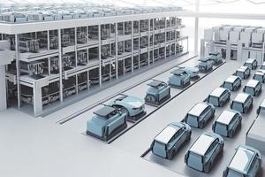 Automation automobile factory concept with 3d rendering robot assembly line with electric car battery cells module on platform photo