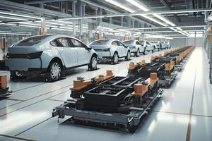 Automation automobile factory concept with 3d rendering robot assembly line with electric car battery cells module on platform photo