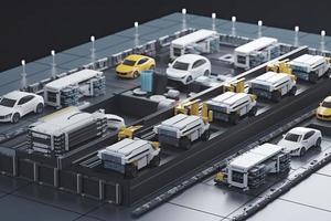 Automation automobile factory concept with 3d rendering robot assembly line with electric car battery cells module on platform photo