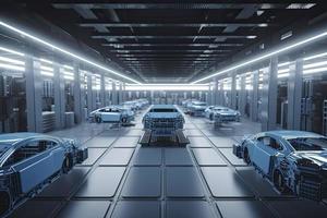 Automation automobile factory concept with 3d rendering robot assembly line with electric car battery cells module on platform photo